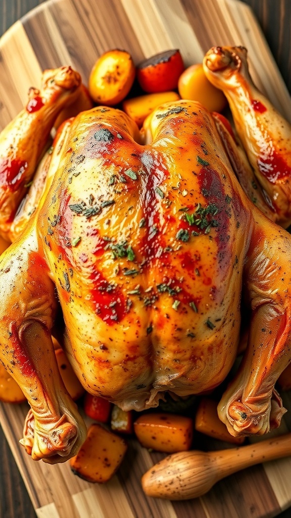 Crispy Air Fryer Whole Chicken Recipe A golden brown whole chicken cooked in an air fryer, garnished with herbs, on a wooden cutting board with roasted vegetables.